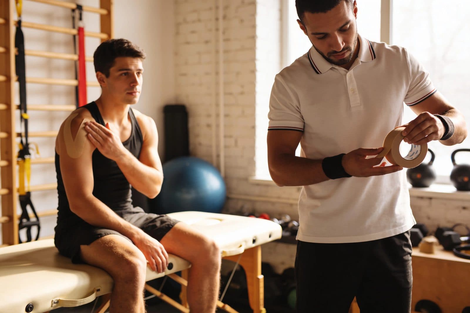 An athlete discussing a taped shoulder with a sports care provider